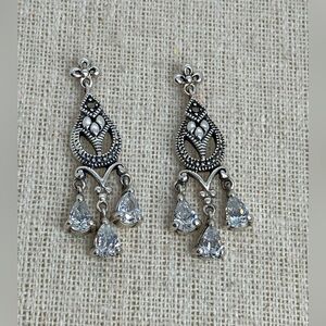 Vtg 925 Sterling Silver Marcasite & CZ Art Deco Style Chandelier Earrings